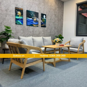 Bàn ghế gỗ cafe nệm màu xám đẹp