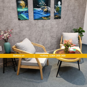 Bàn ghế cafe gỗ nệm màu xám đẹp