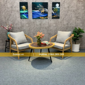 Bộ bàn ghế gỗ quán cafe nệm xám đẹp